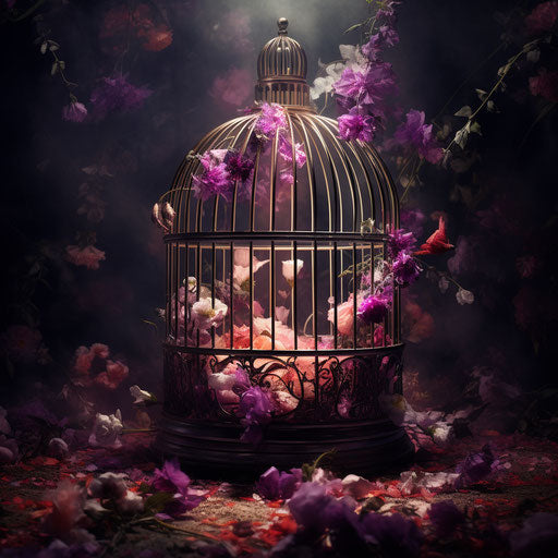 Open cage surrounded by flowers, dark magenta and light gray