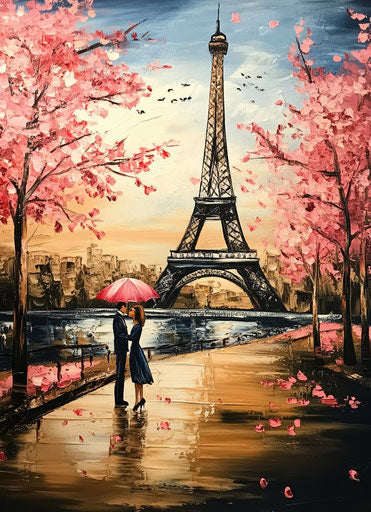 Romantic painting of the Eiffel Tower in Paris with a couple kissing under an umbrella, pink blossoms in the background