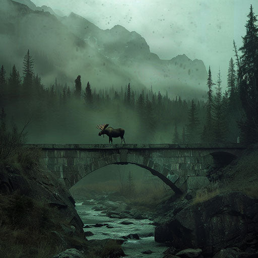 A moose on a bridge over a foggy valley