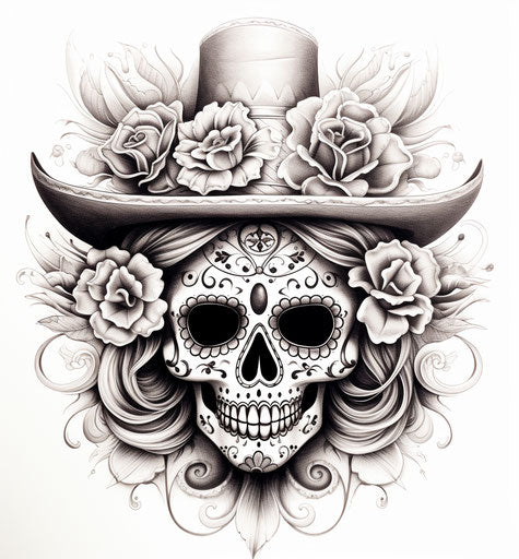 Black and white skull hat tattoo design