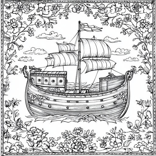 Noah's Ark with intricate floral borders, Johanna Basford style