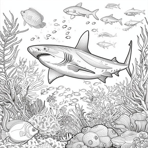 A fierce shark swimming through a coral reef with other sea creatures.