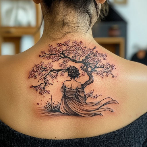 Cherry Blossom Tree Tattoo in David Palumbo Style with Woman in Flowing Kimono under Blossoms on Back