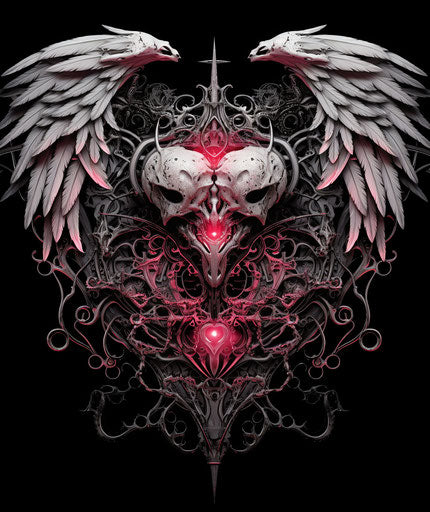 Black and white winged heart with a carved heart in pinkcore style