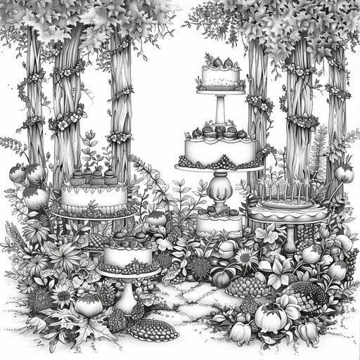 Lush forest with detailed cakes in the style of Edward Julius Detmold Coloring book page