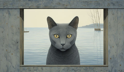 Gray cat looking through window - light indigo and gold style