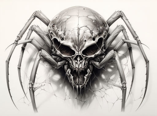 Drawing of a spider in black and white, detailed shading style