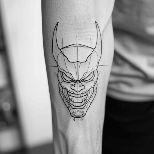 Minimalist flat tattoo sketch of a Hannya mask