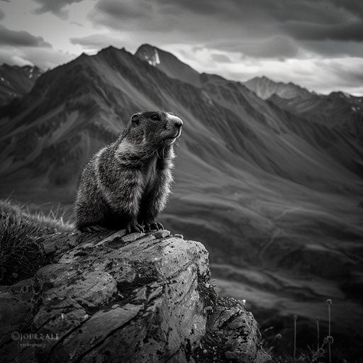 Groundhog on rock, mountains in background, Baheux style