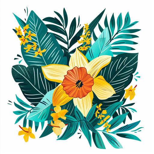 Flat tattoo sketch of March birth flower daffodil among lush greenery and bright exotic colors