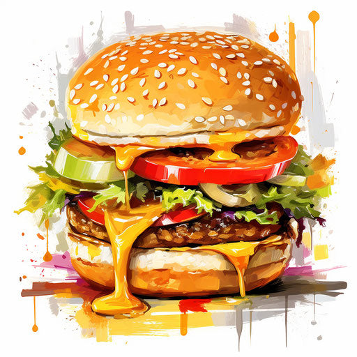 Cheeseburger clipart in Impressionistic Art style on white background