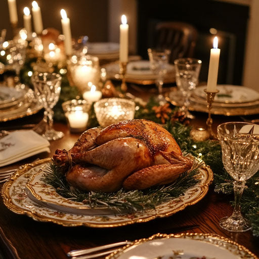 Golden turkey Christmas dinner with gathered family