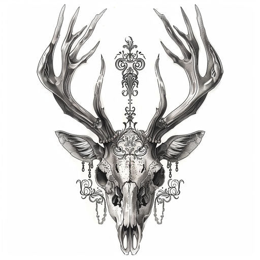 Ornamental deer skull tattoo with lace patterns, elegant on white