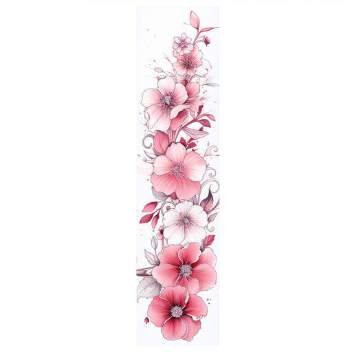 Drawing of flower tattoo with dimensions, light red and pink style