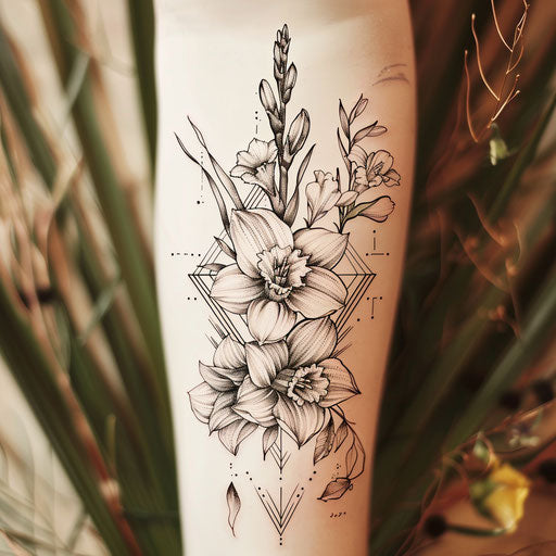 Contemporary flat tattoo sketch of a birth flower bouquet with geometrically styled daffodils and gladioli