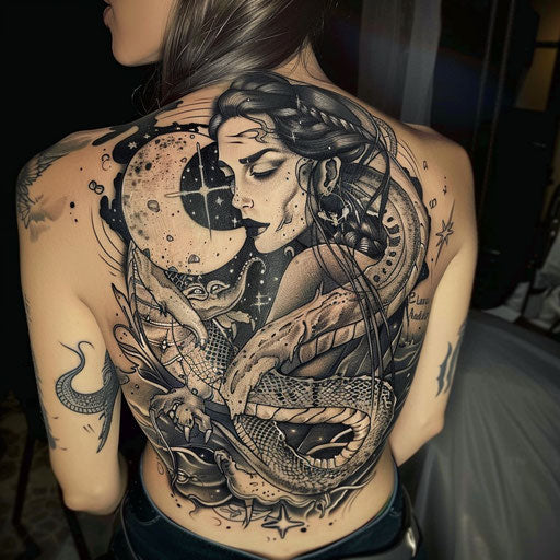 Surreal back tattoos for women with cosmic elements