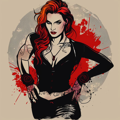 Stylish sketch of Triss Merigold in chic tattoo pose, fiery red and black, clipart style