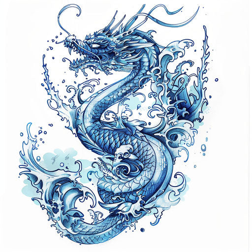 Nautical tattoo sketch of an oriental sea serpent with oceanic elements and blue tones