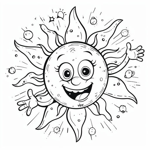A cartoon sun with a happy face and waving hands