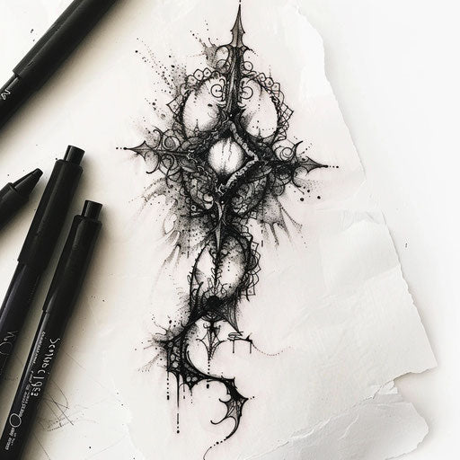 Gothic flat tattoo sketch of a rune with dark, intricate lace patterns in black and gray