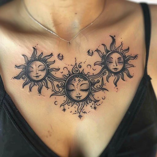 Mother-daughter tattoos of tribal suns and moons on chest