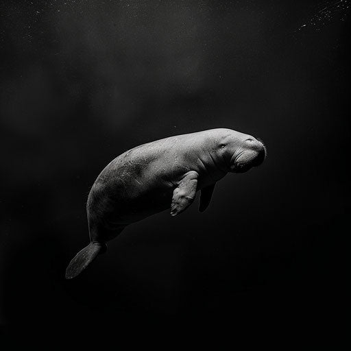High-contrast black and white photo of dugong