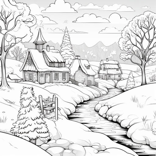 Winter village coloring page, cartoonish innocence style