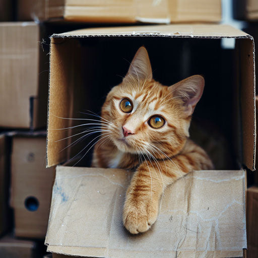 Adorable orange cat in boxes, quirky expressions style
