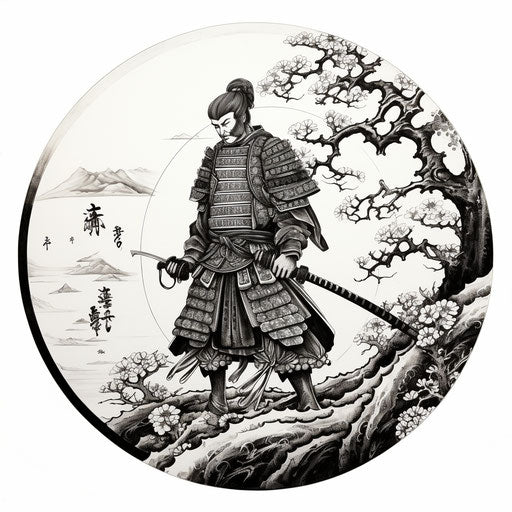Samurai holding sword in ink drawing