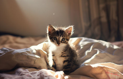 Kitten on a bed, open door, dark brown and white style