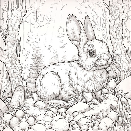An Easter bunny in a magical forest with sparkling fairy lights and mythical creatures. Coloring book page