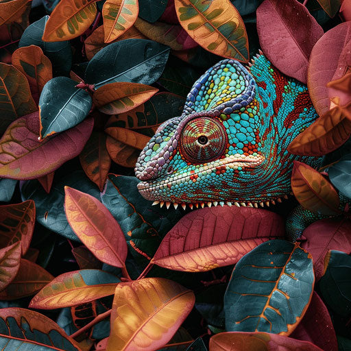 Chameleon with vibrant colors against foliage