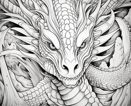 Kids coloring pages dragon, luminous skies style, large canvases