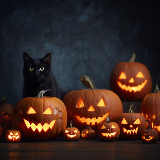 Spooky Jack-O'-Lanterns with a Mysterious Black Cat
