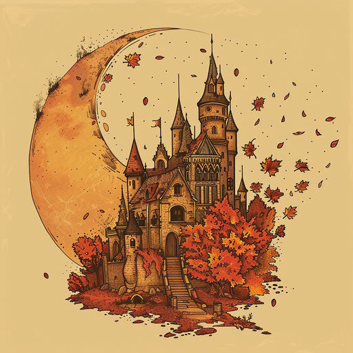 Autumn castle sketch with falling leaves and harvest moon