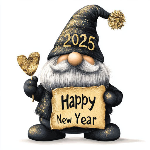 Cute gnome in black and gold holding up sign "2025 Happy New Year"