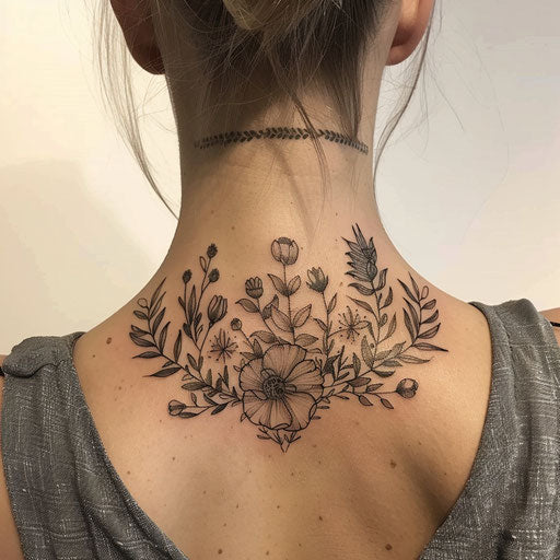 Neck tattoos for women with botanical details