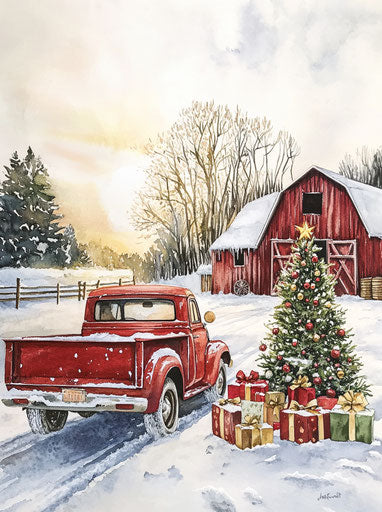 Red truck with Christmas tree and presents, snowy barn, sun in clouds
