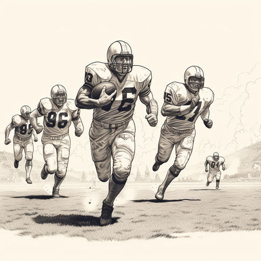 Classic football players running on the field in meticulous inking style