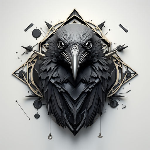 Black and white raven badge, geometric surrealism style