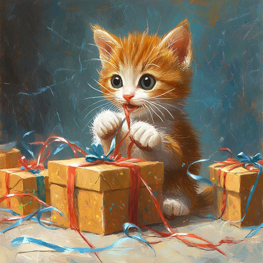 Playful kitten tangling ribbons while unwrapping gifts