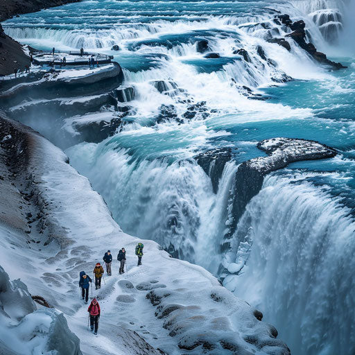 Gullfoss Falls, Iceland, with adventurous hikers