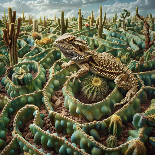 A bearded dragon navigating a maze of cacti