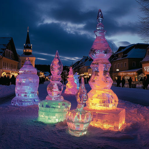 Ice sculptures illuminated under the night sky