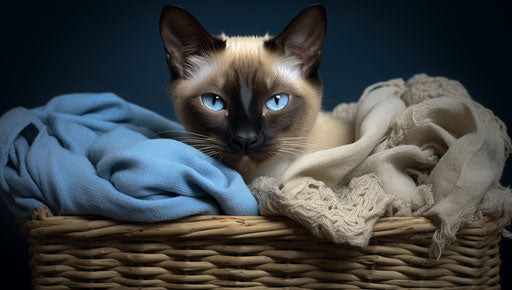 Siamese cat in basket on bed