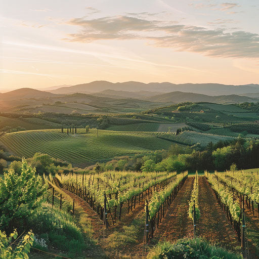 Tuscan morning vista with clouds, vineyard, warm colors