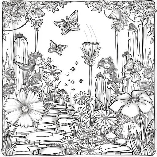 Whimsical fairy garden with joyful fairies, Coloring book page