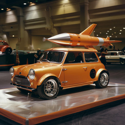 Retro-futuristic Mini Cooper with rocket car design