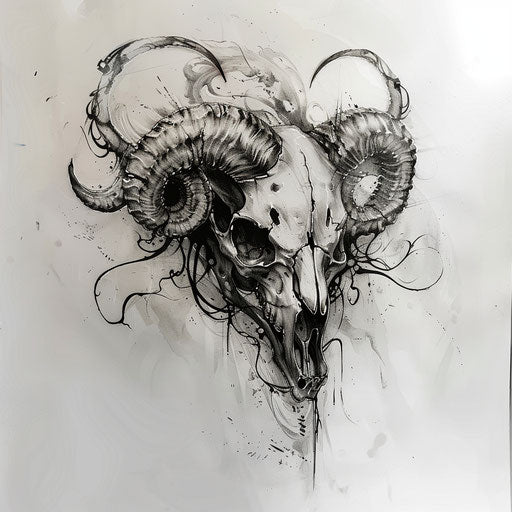 Animal skull with twisting horns, blend of natural and fantastical elements