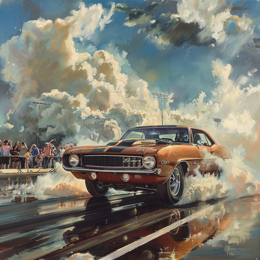 Muscle car with blower bursting through smoke on drag race track